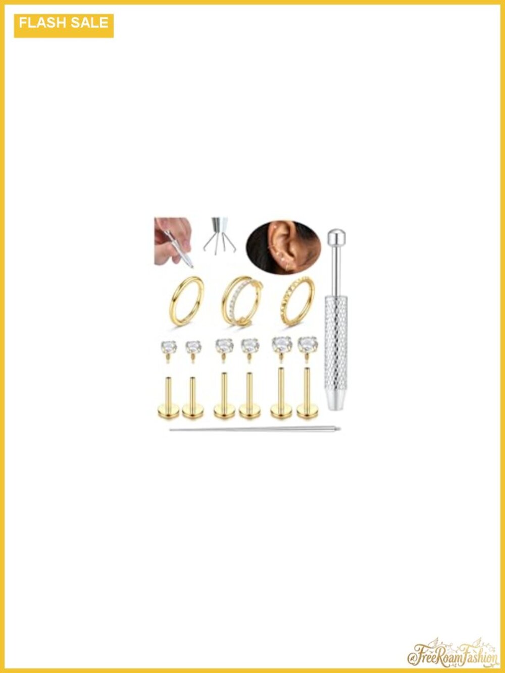 Hypoallergenic Tragus Helix Conch Piercing Set 316L Steel 14K Gold Plated Flat